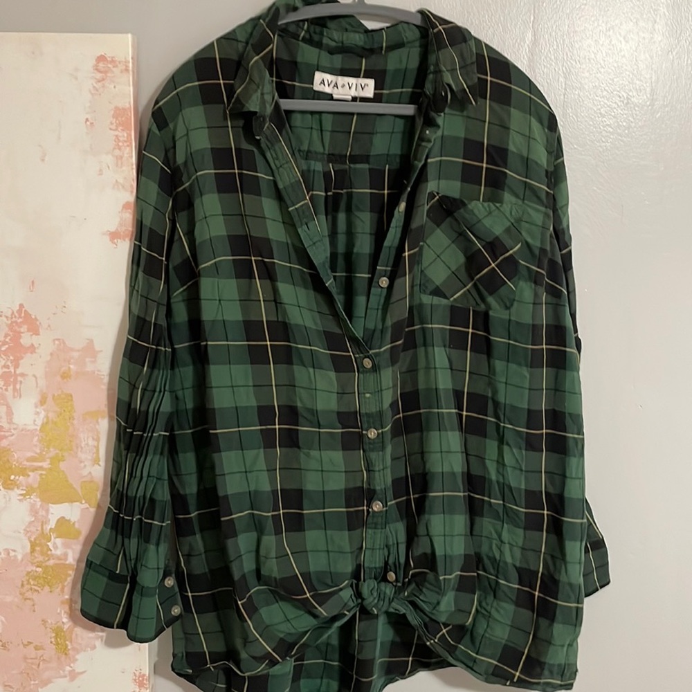 Green Plaid Button Down Top